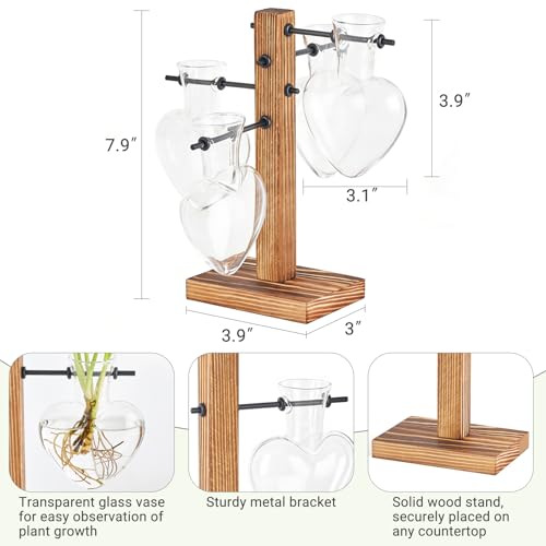 Mkono Propagation Stations,4 Heart Shaped Glass Plant Vases with Wood Stand | Hydroponic Terrarium, Desktop Propagation Jars, Cute Air Plant Flower Holder,Home Office Decor, Plant Lover Gardening Gift - size: 4 Heart Bulb Vase