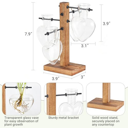 Mkono Propagation Stations,4 Heart Shaped Glass Plant Vases with Wood Stand | Hydroponic Terrarium, Desktop Propagation Jars, Cute Air Plant Flower Holder,Home Office Decor, Plant Lover Gardening Gift - size: 4 Heart Bulb Vase