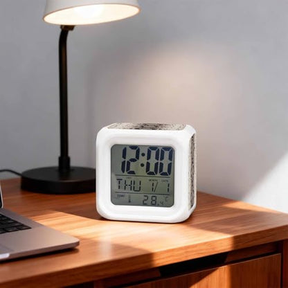 Snakeskin Print Alarm Clock, Boho Brown Beige Reptile Scales Animal Texture Digital Clock Night Light with 7 Color, Calendar Temperature 12/24H Display, Snooze Model Silent Desk Clocks for Bedroom