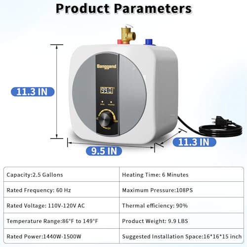 2.5 Gallon Electric Water Heater, 1500W 110V Mini Tank Under Sink Instant Hot Water Heater with Pressure Release Valve, Digital Display for Kitchen, RV, Laundry, Food Truck - color: Gloss White