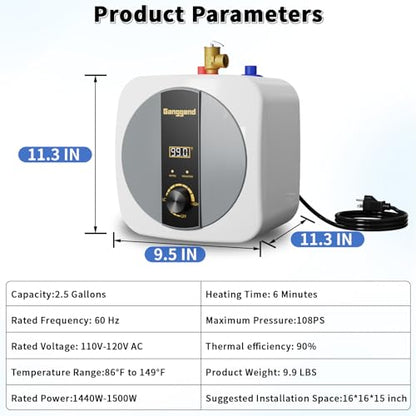 2.5 Gallon Electric Water Heater, 1500W 110V Mini Tank Under Sink Instant Hot Water Heater with Pressure Release Valve, Digital Display for Kitchen, RV, Laundry, Food Truck - color: Gloss White