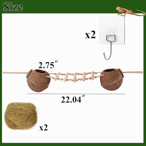 HERCOCCI Gecko Tank Accessories, Hermit Crab Toys Double Coconut Shell | Natural Coconut Husk Hut with Climbing Ladder with Suction Cup for Leopard Gecko Snake Reptiles
