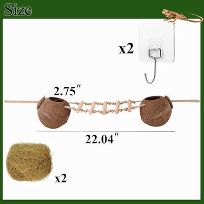 HERCOCCI Gecko Tank Accessories, Hermit Crab Toys Double Coconut Shell | Natural Coconut Husk Hut with Climbing Ladder with Suction Cup for Leopard Gecko Snake Reptiles