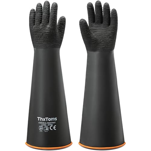 ThxToms Heavy Duty Rubber Gloves, Industrial Chemical Resistant Gloves Waterproof Reusable Protective Work Gloves for Cleaning, Dishwashing,Upgraded with Non-Slip Design, Black, 22" 1 Pair | 1 Pair Black Industrial Chemical Resistant Gloves Waterproof Reu