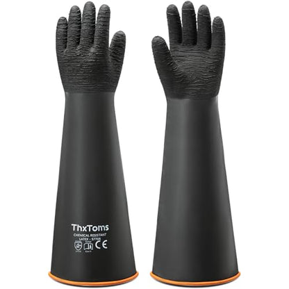 ThxToms Heavy Duty Rubber Gloves, Industrial Chemical Resistant Gloves Waterproof Reusable Protective Work Gloves for Cleaning, Dishwashing,Upgraded with Non-Slip Design, Black, 22" 1 Pair | 1 Pair Black Industrial Chemical Resistant Gloves Waterproof Reu