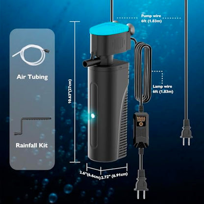 Aquarium Filter with U - V Clarifier for Green Water Cleaning | Fish Tank Filter to Remove Al-gae | Green Killing Machine | Aeration/Rainfall Mode | with Timer | Turtle Tank Filter (20-70Gal)