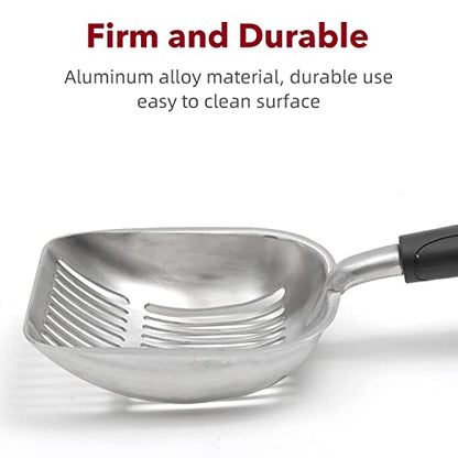 Cat Litter Scoop, Kitty Metal Scooper, Aluminum Alloy Sifter, Kitten Pooper Lifter, Deep Shovel, Long Handle, Poop Sifting, Durable, Heavy Duty, for Litter Box - color: Flat Aluminum-Black Handle, size: Large