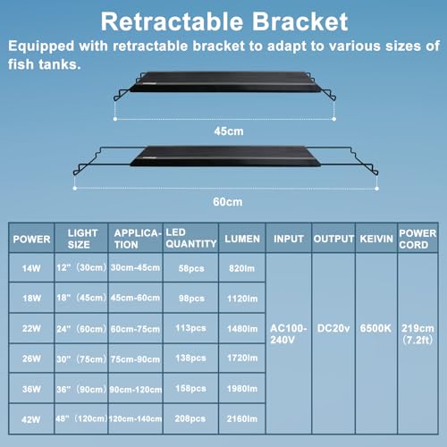 24/7 LED Aquarium Light, IP68 Waterproof Extendable Bracket Fish Tank Light with Timer, 7 Colors, 10 Level Adjustable Brightness, DIY Mode Full Spectrum Aquarium Plant Light for 18-24 Inch Fish Tank - size: 18"-24"