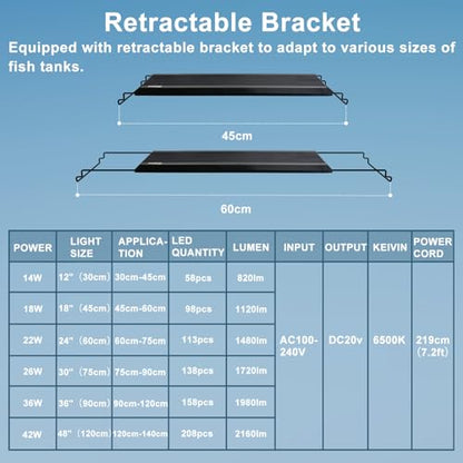 24/7 LED Aquarium Light, IP68 Waterproof Extendable Bracket Fish Tank Light with Timer, 7 Colors, 10 Level Adjustable Brightness, DIY Mode Full Spectrum Aquarium Plant Light for 18-24 Inch Fish Tank - size: 18"-24"