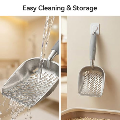 Cat Litter Scoop, Kitty Metal Scooper with Long Handle | Heavy Duty Aluminum Deep Sifter, Rustproof Durable Kitten Poop Shovel for Travel & Small Litter Box - color: Gray, size: Medium