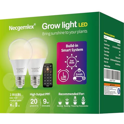 Smart Grow Light Bulbs for Indoor Plants, Programmable Timer and Dim | Full Spectrum Plant Grow Bulbs, Dimmable, 9W, E26/27, 4500K, Remote Control, Sun Mimics Mode, Daily Auto On/Off, 2Pack - size: 2 Pack