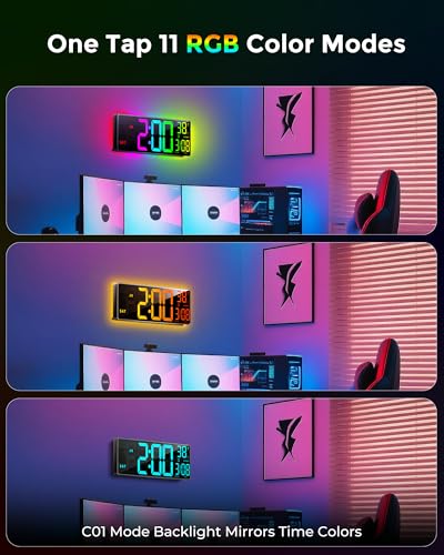 EASYERA 16.5" Large Digital Wall Clock with BT Sync, 11 RGB Lights | 11 Scenes Mode Remote Control, Big LED Clock with Dual Alarms, Auto DST, Temperature for Classroom Gaming - size: 15.98 inches, style: Modern