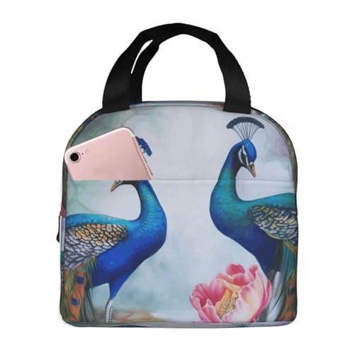Insulated Lunch Bag Beautiful Peacocks and Lotuses Lunch Box for Women Men Reusable Leakproof Lunch Cooler Bag for Office Picnic - color: Beautiful Peacocks And Lotuses