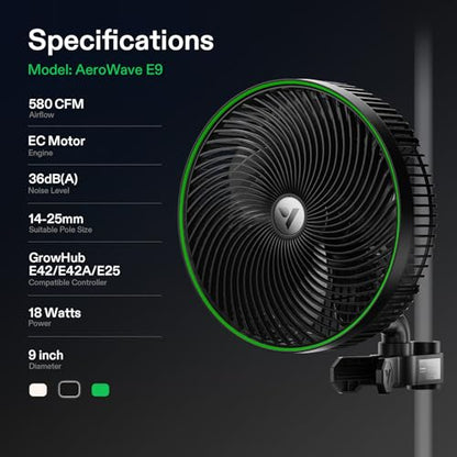 VIVOSUN AeroWave E9 Grow Tent Auto Oscillating Clip Fan, 9" Fan,1-Pack | EC Motor, Smart Wifi Control, Weatherproof IP54, Strong Airflow, US Patented Clip Fan, 9 inch Grow Fan - size: 9" Clip Fan-1 Pack