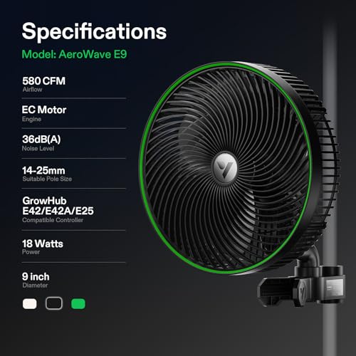 VIVOSUN AeroWave E9 Grow Tent Fan, 9" Auto Oscillating Clip Fan with EC Motor, US Patented Circulation Fan, IP54 Weatherproof, Strong Airflow & Quiet for Hydroponic Ventilation (Pack of 2) - size: 9" Clip Fan-2 Pack