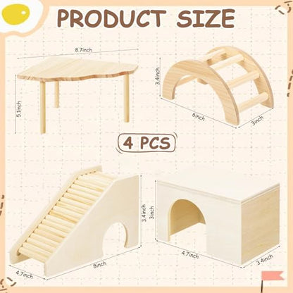 BreezeHug 4 Pcs Hamster Cage Accessories Hamster Platform Hideout Wooden Tunnel Ladder Playhouse Game Climbing Toy with Platform for Pets Dwarf Syrian Mice Degus Gerbils Squirrel(Log Cabin) - style: Log Cabin