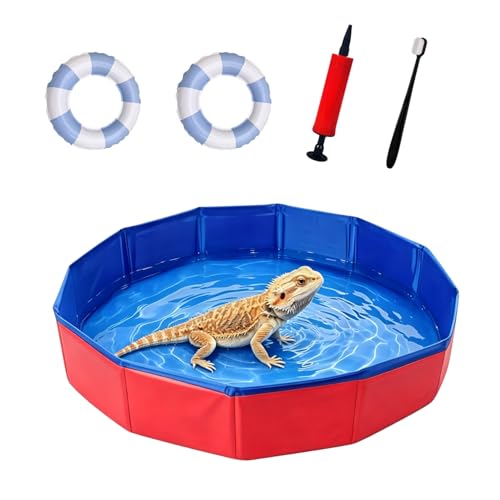 Foldable Bearded Dragon Bathtub with 2Pcs Reptile Mini Swimming Rings & Pump and 1Pcs Soft Brush, Bearded Dragon Accessories, Small Pet Bath Accessories (Red) - color: Red