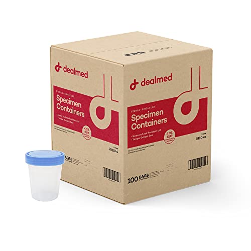 Dealmed Urine Specimen Cups - Leak Resistant Lids, 4 oz, 100 Count | Sterile Interior, Polypropylene Material, Individually Wrapped, Tamper Evident Tab, Screw-On Cap, ID Label, For Drug Testing