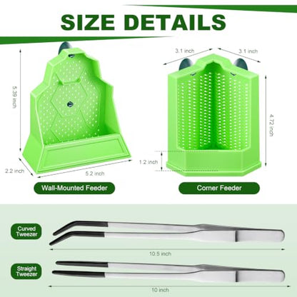 Reptile Feeder Combo Set, 2 Pack Escape-Proof Corner & Wall-Mounted Bowls with 2 Pack 10.6" Stainless Steel Straight & Curved Tongs with Rubber Tips for Bearded Dragon Gecko Lizard Frog