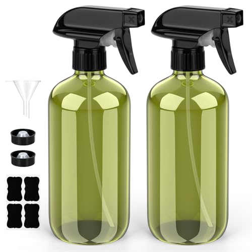 Bontip Glass Spray Bottle 16 oz for Cleaning, Plants (2 Pack, Olive Green | Refillable green spray bottle Set, BPA-free eco glass, With labels and funnel, Great for cleaners, plant misting, hair care - color: Olive Green, size: 16 Ounces