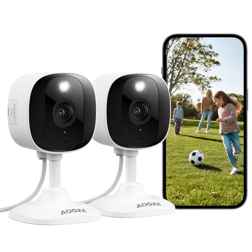 AOQEE 2K Cameras for Home Security, Indoor/Outdoor, Full Color, C1 2Pack | 2.4G Wired Outdoor/Indoor Camera for Dog/Cat/Pet/Baby, Color Night Vision, Home Security with White Light, 24/7 TF Recording - style: C1-White-2pack-2.4G