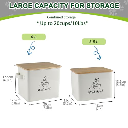 Bird Seed Storage Container Set of 2,10LB Bird Food Container-White | Metal Bird Seed Container with Bamboo Lids, Airtight Wild Bird Seed Tin for Storing Sunflower Seed-Squirrel proof - color: White(Bird Feed)