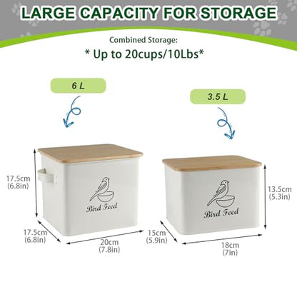Bird Seed Storage Container Set of 2,10LB Bird Food Container-White | Metal Bird Seed Container with Bamboo Lids, Airtight Wild Bird Seed Tin for Storing Sunflower Seed-Squirrel proof - color: White(Bird Feed)