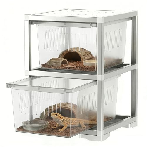 2-Tier Stackable Reptile Terrarium, Pull-Out Sliding Drawer, 13.2 x 15.5 x 17.9 Inches Reptile Enclosure with Aluminum Frame, Transparent Breeding Tank for Snake, Lizard, Gecko, Small Pet
