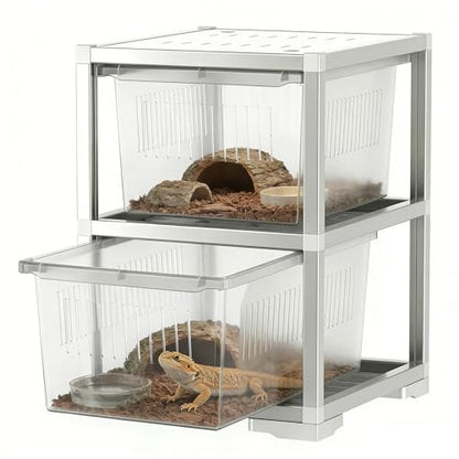 2-Tier Stackable Reptile Terrarium, Pull-Out Sliding Drawer, 13.2 x 15.5 x 17.9 Inches Reptile Enclosure with Aluminum Frame, Transparent Breeding Tank for Snake, Lizard, Gecko, Small Pet