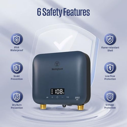 Westinghouse 8kW Tankless Water Heater Electric, Low Watt 240V, Smart WiFi | Instant Hot Water Heater, Under Sink Water Heater Electric, Compatible with Alexa & Google Home, Apolo Mini, Deep Blue - color: Deep Blue 8