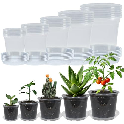 30 Pack 3/4/5/6/7 Inch Clear Nursery Pots with Drainage and 30 Pack Plant Saucers, Plant Pots for Plants Transparent Potting Containers for Plants Seeding Starter Pot (Clear, 3/4/5/6/7 Inch) - size: 3/4/5/6/7 Inch