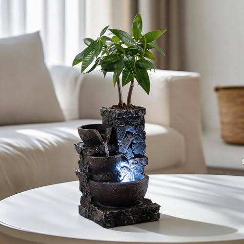 MAOCHI Indoor Tabletop Water Fountain with Planter Pot, Small Desk Waterfall with Cool LED Lights, Zen Decor for Office, Home & Bedroom, Calming Meditation Relaxation Gifts for Plant Lovers
