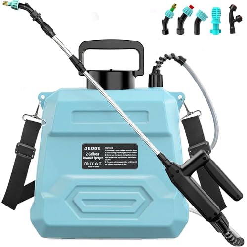 DEGGE Battery Powered Sprayer 2 Gallon, 7.4V Powerful Electric Pump Sprayer | Weed Killer Sprayers with Rechargeable Handle & 5 Mist Nozzles & Retractable Wand & Adjustable Strap for Lawn, Garden, Yard - color: Blue
