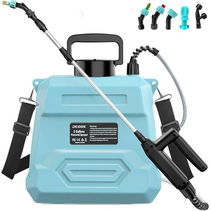 DEGGE Battery Powered Sprayer 2 Gallon, 7.4V Powerful Electric Pump Sprayer | Weed Killer Sprayers with Rechargeable Handle & 5 Mist Nozzles & Retractable Wand & Adjustable Strap for Lawn, Garden, Yard - color: Blue