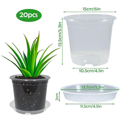 20 Pack 6 Inch Clear Nursery Pots with Drainage and 20 Pack Plant Saucers, 0.5 Gallon Plant Pots for Plants Potting Containers Half Gallon Plants Seeding Starter Pot (Clear, 6 Inch) - size: 6 Inch