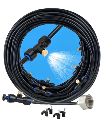 UNCO- Misting System, 75 FT, 28 Brass Mist Nozzles, 3/4" Brass Adapter, Misters for Outside Patio, Misting System for Patio, Garden, Greenhouse, Trampoline, Porch