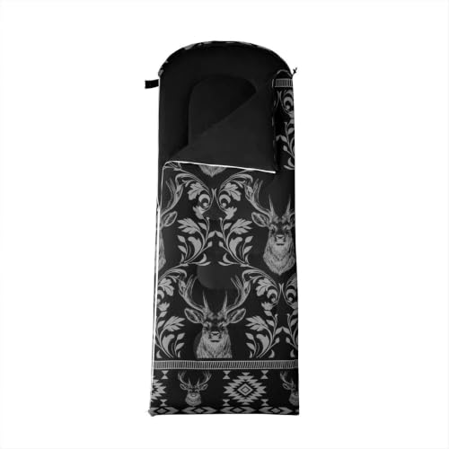 Erosebridal Longhorn Cow Skull Sleeping Bag for Kids Goth Witchy Damask Camping Blanket for Hiking Travel Hunting Sleep Bag - color: Black Rustic Deer