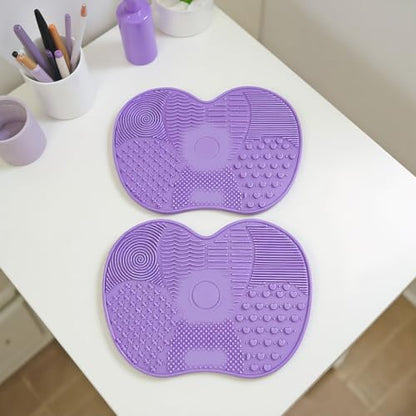 2 Pcs Silicone Cleaning Pads, Apple Shape Scrub Pad Reusable Brush & Tool Cleaning Mat with Suction Cup for Makeup Brushes, Kitchen Utensils, Home Use (Purple) - color: Purple