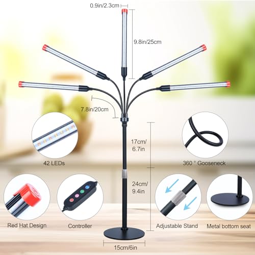 FECiDA 2026 5Head Table Top Grow Lights for Seed Starting, Indoor Plants, Bonsai, 45 Watt Power Draw, NO Need Adapter, 4/8/12/16/20H Timer, 16"-24" Height Adjustable, Big Coverage - size: Desk-5Head-45W
