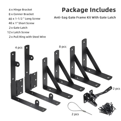 2 Sets Anti Sag Gate Kit Heavy Duty No Sag Kit Gate Corner Brace Bracket for Wooden Fence Gate with Self-Locking Gate Latch - size: Double Door Set