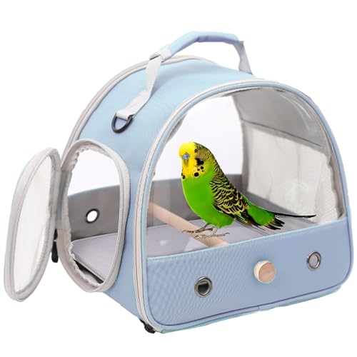 Bird Carrier, Portable Small Bird Parrot Parakeet Carrier with Standing Perch and Soft Mat, Side Access Window Collapsible (Blue, Clear Windows) - color: Blue