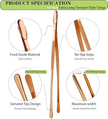 JETKONG 2 Pcs 14-Inch Kitchen Tweezers Extra Long Cooking Tweezer Tongs Stainless Steel Long Food Tweezers (Rose Gold) - color: Rose Gold, size: 14+14 Inch