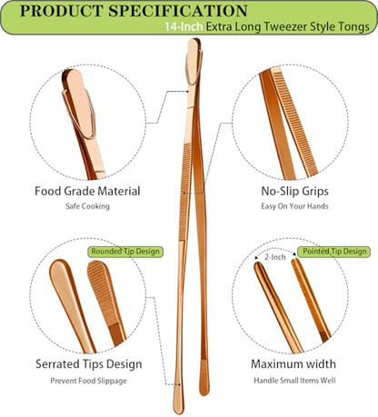 JETKONG 2 Pcs 14-Inch Kitchen Tweezers Extra Long Cooking Tweezer Tongs Stainless Steel Long Food Tweezers (Rose Gold) - color: Rose Gold, size: 14+14 Inch