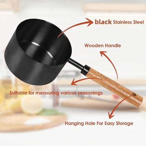 8-Piece Stainless Steel Measuring Cups and Spoons, Acacia Handles, Black - color: Black