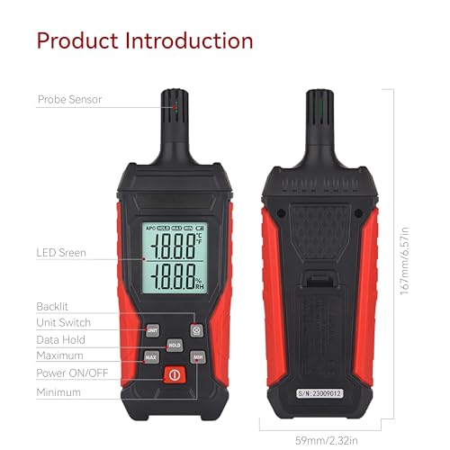 HFS(R) Temperature & Humidity Meter Detector Digital Hygrometer Handheld Industrial Home Indoor - Ambient, Relative Humidity, LCD Backlight, Min/Max Hold