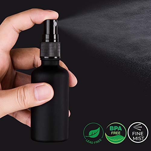 2oz Frosted Black Glass Spray Bottles for Essential Oils, Set of 3 | Small, Travel, Mini, Empty, Fine Mist, for Facial, Cosmetic, Perfume, Hair Care, Room, Refillable, Leakproof, UV protection - color: Frosted Black