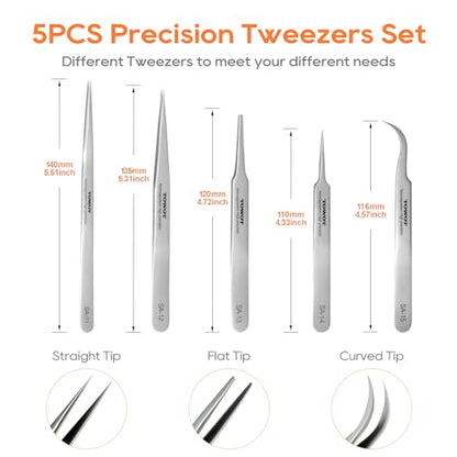 Precision Tweezers, Stainless Steel Pointed Ultrafine Tweezers for Craft, Electronics, Soldering, Experimental Work, Jewelry-Making, Non-Magnetic Industrial Tweezers, by TOWOT - size: 110mm