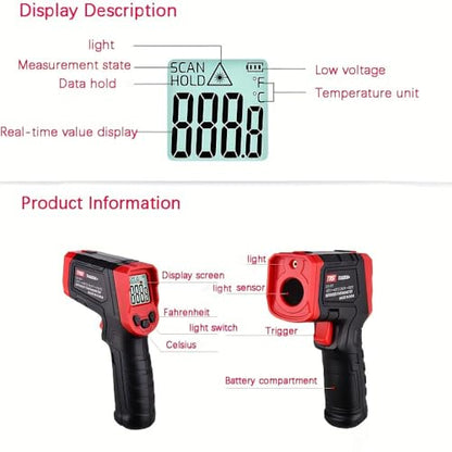 Infrared Thermometer, Digital Laser Temperature Meter -37°F~932°F (-32°C~400°C) IR Temperature Gun (Not for Humans) Ideal for Cooking, Frying, Kitchen, Barbecue, Meat, Sugar, Freezer