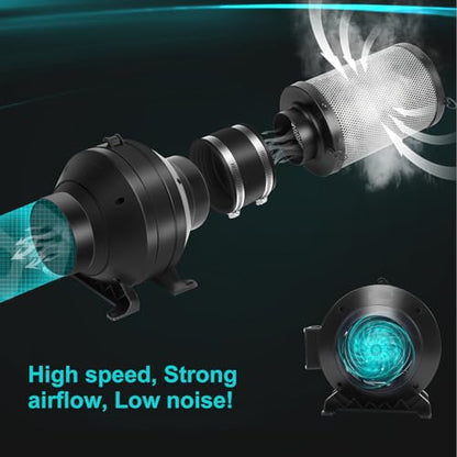 Air Filtration Kit, 4" 190 CFM Inline Duct Fan with E12 Speed Controller, 6.6 Ft Ducting & Rubber Coupler, Ventilation Exhaust Fan for Cooling Booster, Grow Tents, Hydroponics - size: 4"+Ducting