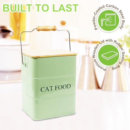 Cat Food storage container Cat Treats Jar,5~6 lb Metal food treats tin for Cat, pet snacks Canisters with wooden lid/handle/sevice scoop-Green - color: Cat-Green